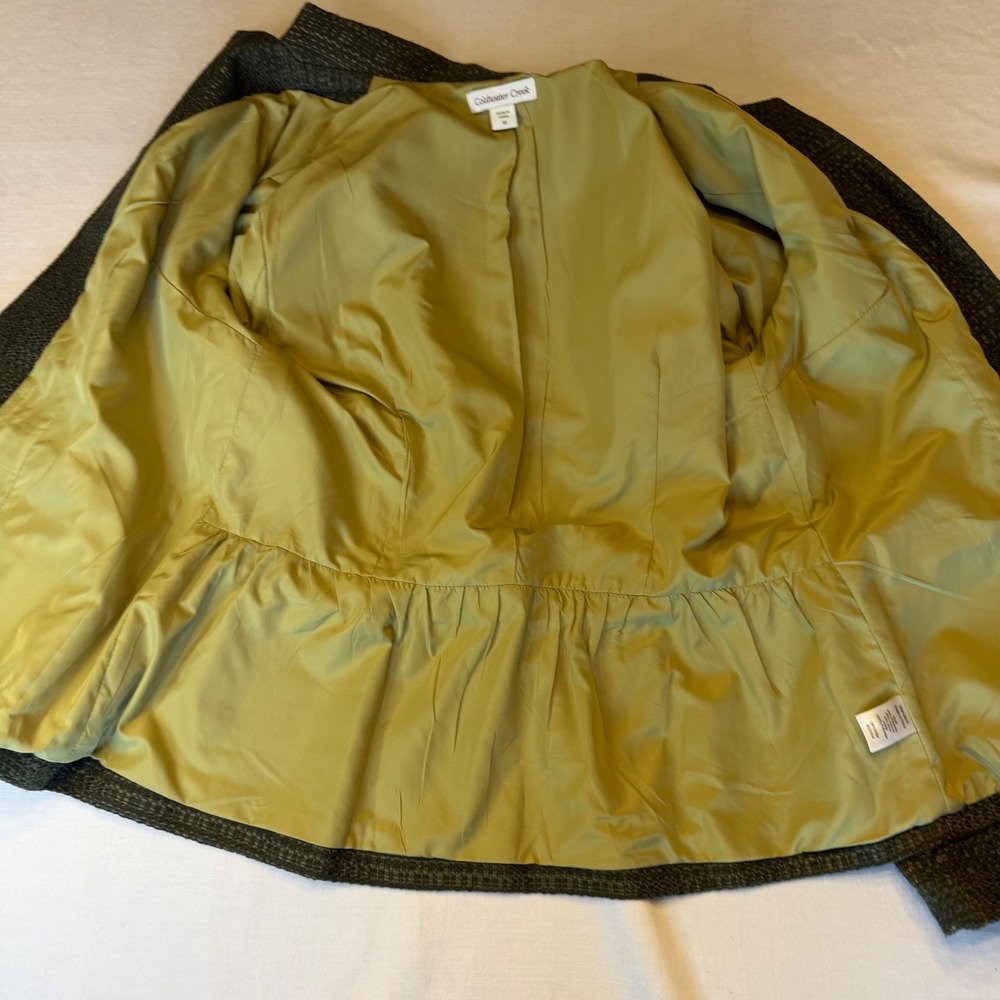 Coldwater Creek Blazer Women 10 Olive Green Tweed Peplum Crest Button Jacket - Picture 8 of 13